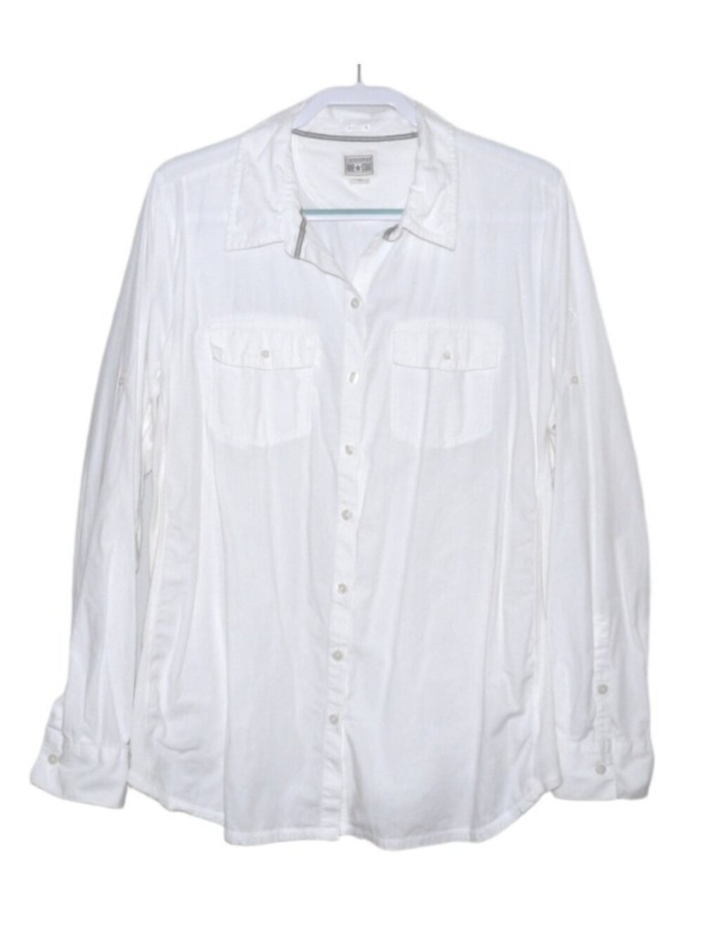 Converse One Star white button blouse stretch sides roll up sleeves W 42" bust